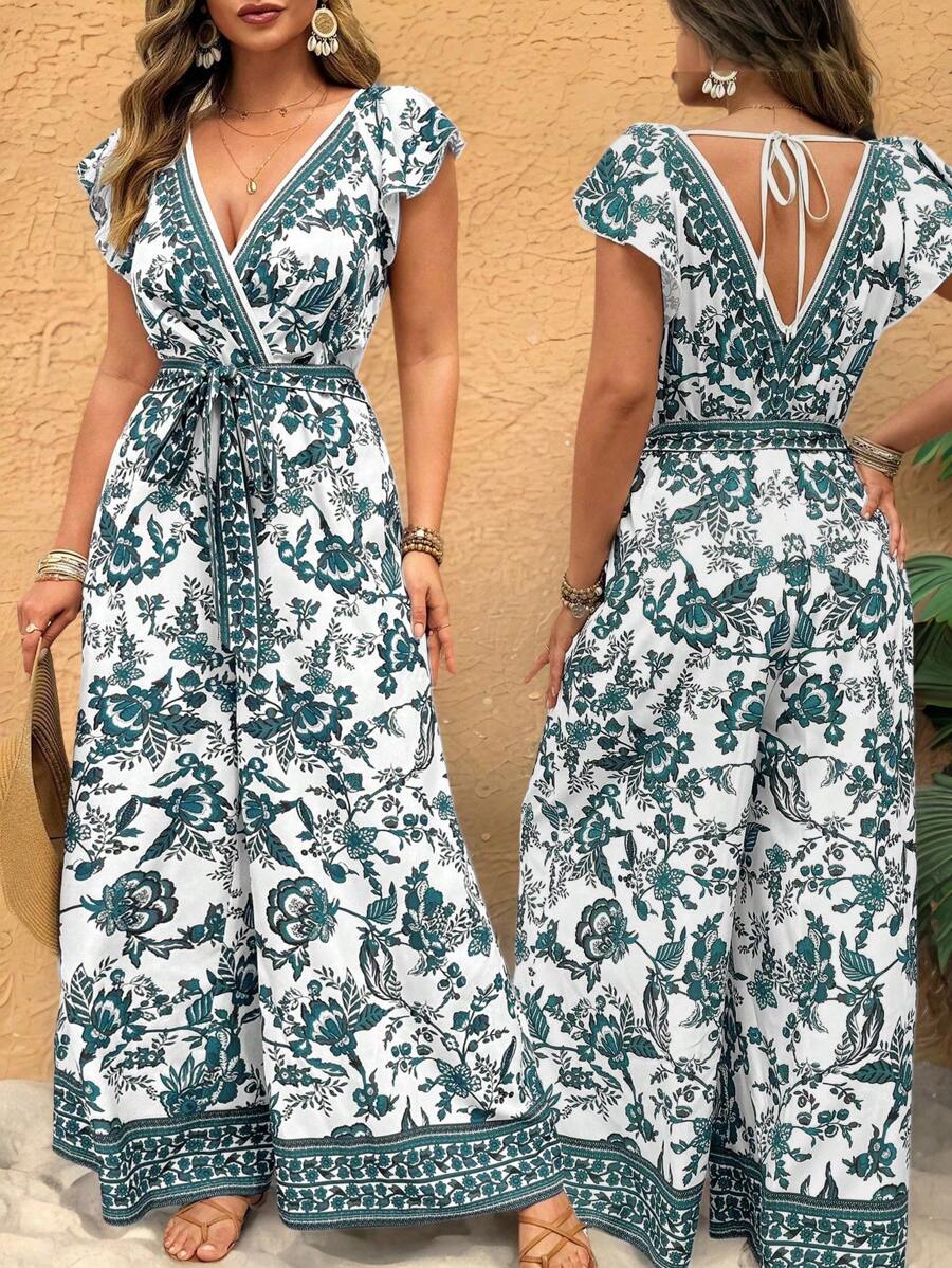 SHEIN Clasi Plus Size Women's Deep V-Neck Ruffled Sleeve Porcelain Color Jumpsuit, Suitable For Party, Date, Gathering With Friends, Casual Occasions, Beach Holiday, Picnic In The Park, Spring/Summer - Dark Green - View 1