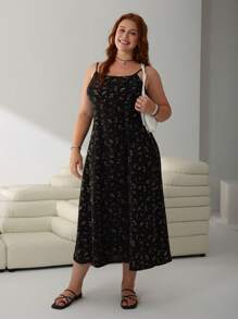 SHEIN EZwear Vestido Negro Largo Tipo Slip con Estampado Floral para Mujer Talla Grande, Ideal para el Verano