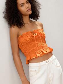 Maija 女式橙色褶饰抽绳弹性前抹胸，性感休闲度假短款衬衫，时尚简约设计 - 橘色 - 查看 4