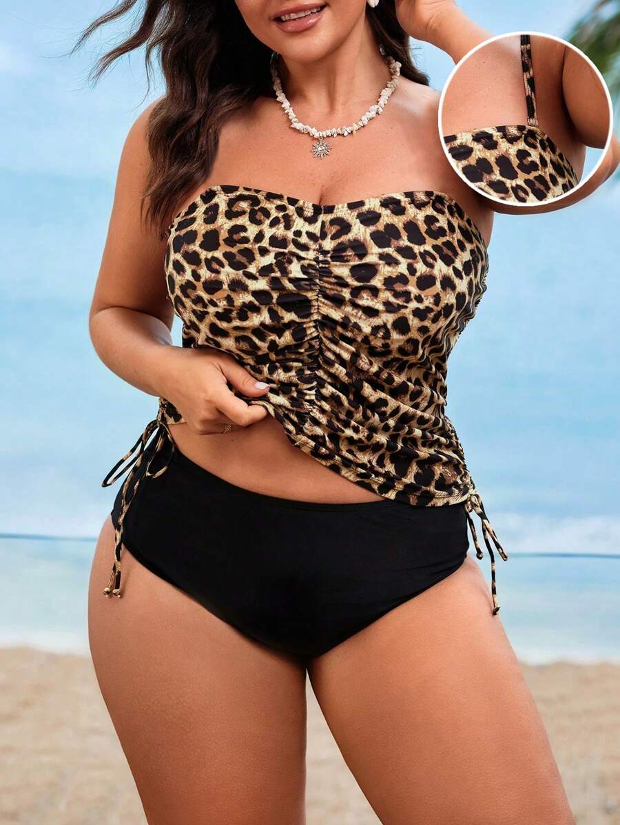 Swim Lushoire Plus Size Women 2pcs/Set Leopard Print Tankini Swimsuit With Tummy Control, Beach Holiday For Summer Beach Vacation - Multicolor - View 1