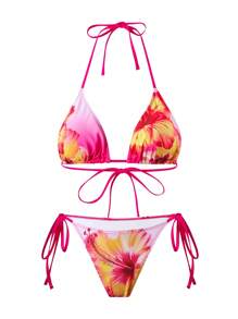 Swim Oasis 3 件套女士夏季海滩度假装，包括花卉印花比基尼、丁字裤和网眼束腰沙滩裙，波西米亚风格 - 彩色 - 查看 3