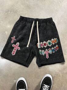 PAVTROS Men's Cross Print Drawstring Waist Loose Casual Shorts - Multicolor - View 1