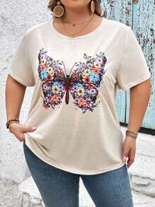 SHEIN CURVE+ Plus Size Women Casual Butterfly Printed Round Neck Short Sleeve Fitted T-Shirt, Suitable For Summer, Beach Vacation