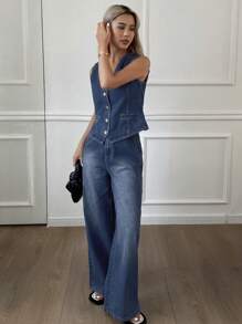 DAZY Women V-Neck Sleeveless Top And Pocketed Pants Casual Denim Two Pieces Set, Spring & Summer - Navy Blue - View 5