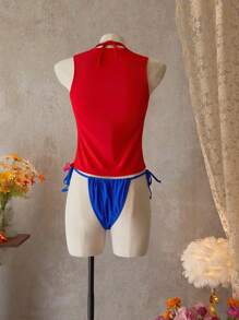 Bellisia Women's Red Halter Neck Top And Blue Knotted Triangle Bikini Set With Red Floral Print Round Neck Vest For Summer Beach Vacation - Multicolor - View 3