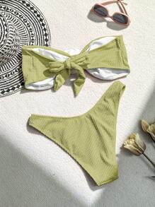 SHEIN Swim 女士 3D 花卉装饰抹胸比基尼套装，适合夏季 - 綠色 - 查看 5