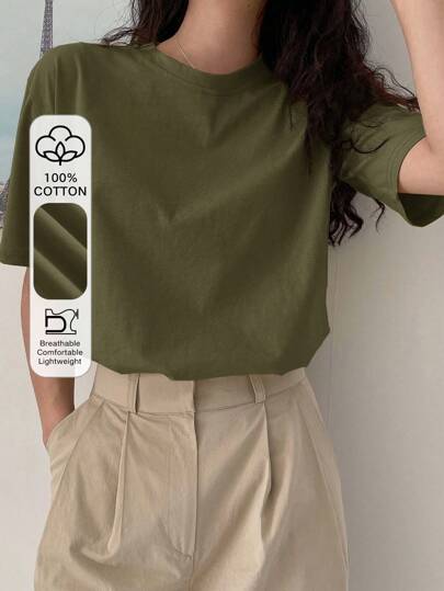 DAZY Women's Solid Color Round Neck Breathable Short Sleeve T-Shirt, Summer