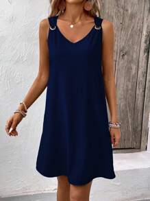 SHEIN LUNE 1 buah Gaun Wanita Polos Sederhana dan Modis, Cocok untuk Musim Panas - Navy Blue - View 3