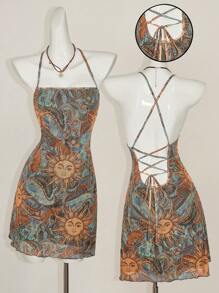 SHEIN ICON Figure-Hugging Retro Print Open Back Cross Tie Mini Dress - Green - View 1