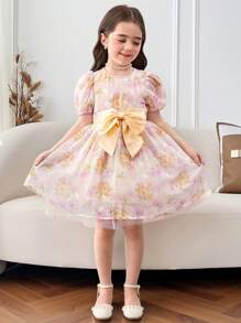 Kleine Mädchen Kleid mit kleinem Blümchen-Muster, rundem Ausschnitt, Puffärmeln und Schleife verziert - Khaki - Übersicht 1