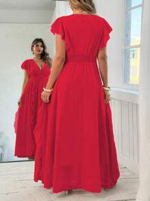 Roveilla Plus Size Elegant Solid Color Ruffle V-Neck Pleated Spring Summer Dress - Red - View 2