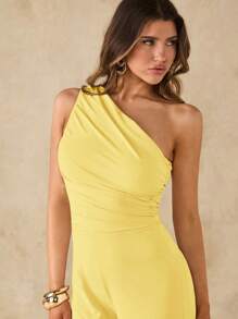 SHEIN BAE Summer Beach Vacation Elegant Solid Black Asymmetrical Collar Off-Shoulder One-Shoulder Jumpsuit, Suitable For Daily Dating, Night Out, Nightclubs, Parties, Get-Togethers, Cocktail Parties, Pool Parties, Office Wear, Commuter Jumpsuits, Holiday Jumpsuits