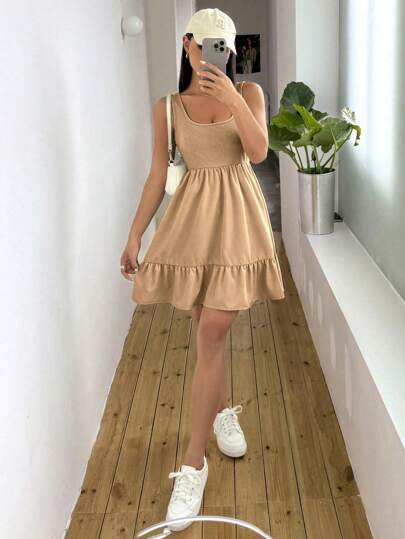 SHEIN Unity 女士罗纹针织拼布纯色荷叶边下摆圆领无袖连衣裙