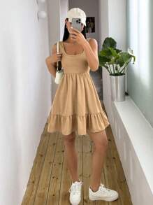 SHEIN Unity 女士罗纹针织拼布纯色荷叶边下摆圆领无袖连衣裙