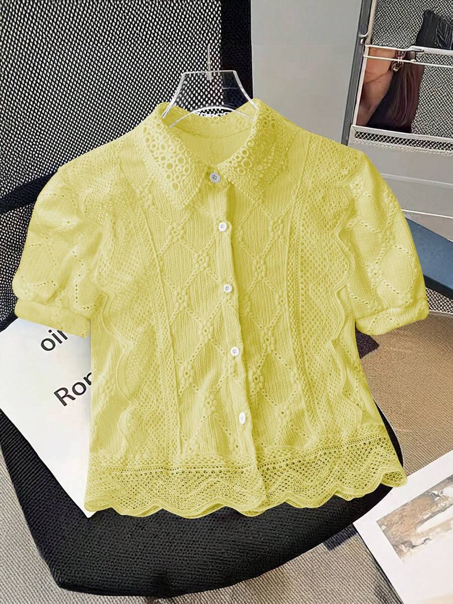 GlowEve Women Simple Solid Color Front Button Casual Short Sleeve Blouse - Yellow - View 1