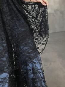 FRIFUL Women Mesh Lace Frill Edge Cami Layer Long Solid Color Casual Dress, Summer Streetwear