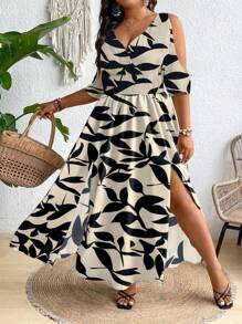 Vestido largo de mujer con estampado tropical, hombros descubiertos y abertura lateral en el muslo, talla extra - Albaricoque - Ver 4