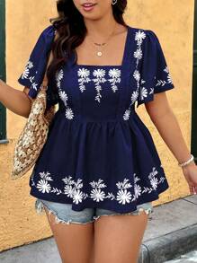 Breezaya 大码休闲节日花卉印花刺绣荷叶边拼接收腰宽松衬衫女夏装夏季服装女装上衣女士优雅女式夏季衬衫 - 藏蓝色 - 查看 5