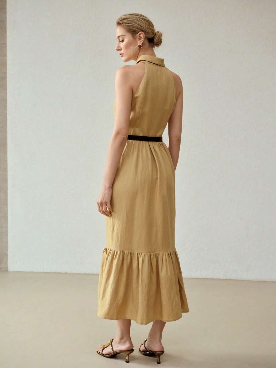 MOTF PREMIUM VÁY VẢI LANH CÓ VAI XẺO - Màu Khaki - Xem 2