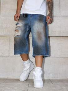 Manfinity EMRG Men's Casual Distressed Frayed Edge Colorblock Loose Denim Shorts - Medium Wash - View 1