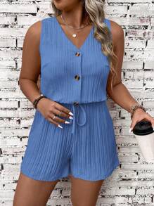 EMERY ROSE Plus Size Solid V-Neck Money Button Decor Sleeveless Jumpsuit, Suitable For Summer - Blue - View 6