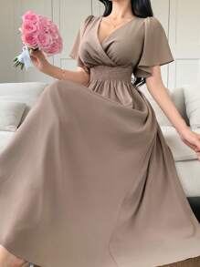 DAZY Women's Solid Color V-Neck Cinched Waist Ruffle Sleeve Elegant Dress, Summer
