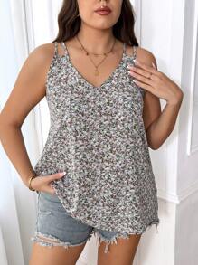 SHEIN Frenchy Plus A Line Shoulder Straps Ditsy Floral Print Cami Top - Blue - View 5