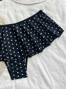 Swim Chiccia 2 件套春假女士沙滩装夏季服装：细肩带波尔卡圆点印花上衣和撞色荷叶边比基尼下装比基尼套装