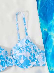 Swim Mod Floral Print Spaghetti Strap Bikini Swimsuit, Random Print - Baby Blue - View 3