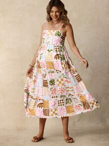 SHEIN Pregnant Women Floral Printed Holiday Casual Sleeveless Dress Summer Clothing  Boho   Ruffle - Multicolor - View 5