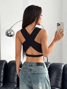 SHEIN EZwear 女士纯色深V领交叉后背吊带背心，适合夏季