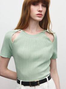 BizChic Top de mujer de punto con textura acanalada y calado, color verde claro, nuevo para el verano de 2025. Elegante, romántico, casual y versátil, adecuado para festivales de música, bodas, trabajo, citas y desplazamientos diarios.