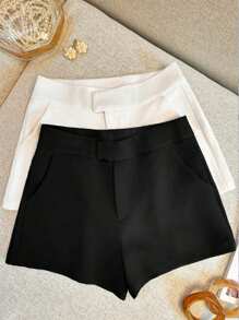 INAWLY Quần short cạp cao màu trơn cỡ lớn, tối giản và thời trang, trang phục công sở phù hợp cho mùa hè - màu đen - Xem 1