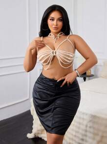 SHEIN Plus Size 2pcs Sexy Lingerie Set With Pearl Decor, Suitable For Festivals And Dates - Beige - View 7