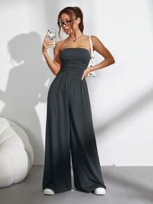 SHEIN Unity Women's Solid Color Wide Leg Casual Tube Top Pleated Loose Jumpsuit - Grey - View 3