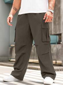 Manfinity LEGND Plus Size Men's Casual Drawstring Pocket Loose Straight Leg Cargo Pants - Khaki - View 3