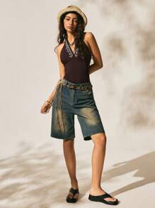 Easelle Body a canottiera con ricamo marrone per donne in maglia