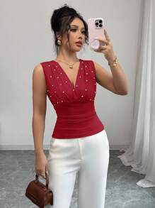 Elenzga Apricot Pearl Elegant And Romantic Women's Camisole - Red - View 5