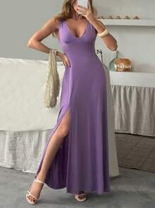 SHEIN Vestido largo lila elegante, estilo casual para mujer en primavera y verano