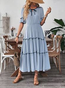 Breezaya Women's Casual Vacation Round Neck Contast Trim Ruffle Sleeve Dress, Spring/Summer - Blue - View 5