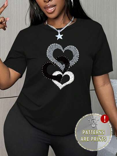 BamGleam Slim Fit Women's Casual Short Sleeve Heart Print T-Shirt