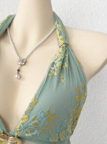 Sweetra Áo yếm hở vai cổ chữ V sâu ren hoa gợi cảm thời trang cho nữ - màu xanh lá - Xem 5
