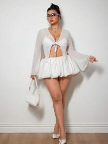 SHEIN ICON Icon Plus Size 纯色系带前开襟生菜边网眼 Y2k 上衣，白色，度假风 - 白色 - 查看 7