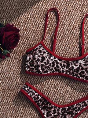 Swim Vcay Bikini a due pezzi da donna alla moda e sexy con micro spalline a spaghetti, design a stampa leopardata selvaggio, costume da bagno bikini sexy con spalline a spaghetti