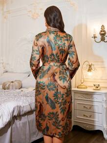 SHEIN Faux Silk Forest Pattern Women's Elegant Long Sleeve Robe - Yellow - View 2