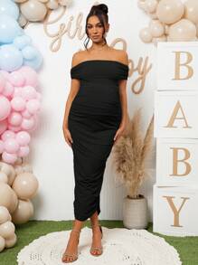 Loomaby Maternity Solid Color Ruched Off Shoulder Short Sleeve Fitted Elegant Dress - Black - View 4