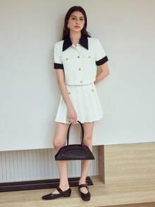 MOTF STUDIO CONTRAST TRIM BUTTON UP JACKET - Black and White - View 2