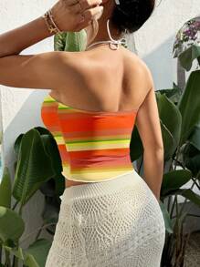 ORANGE STUDIO Women Summer Striped Patchwork Sleeveless Crop Tank Top, Suitable For Summer - Multicolor - View 2