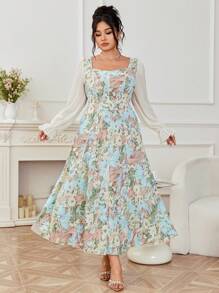 Modelyn Plus Size Woven Floral Print Long Sleeve A-Line Waisted Dress - Multicolor - View 4