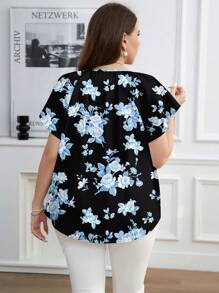 SHEIN Clasi 大码宽松休闲蓝白玫瑰印花短袖衬衫，适合夏季度假 - 彩色 - 查看 2